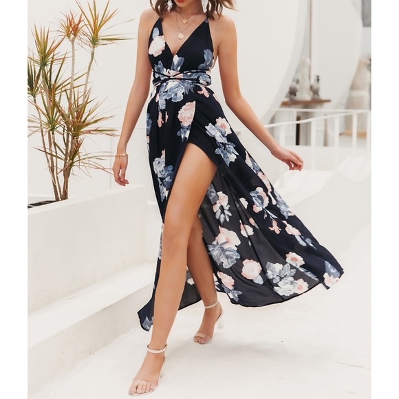 Navy Blue Floral Backless Lace Up Wrap Maxi Dress - Picture 4 of 11